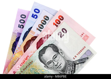 Satz von Thai Baht Währung Rechnungen auf einem weißen Hintergrund. Stockfoto