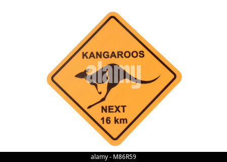 Australische Schild Warnung der Kängurus auf einem weißen Hintergrund. Stockfoto
