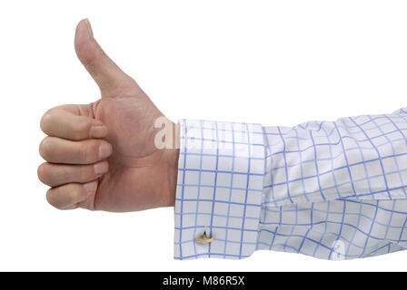 Geschäftsmann Daumen hoch geben Zeichen gegen einen weißen Hintergrund. Stockfoto