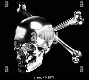 Silber Totenkopf mit gekreuzten Knochen oder Totenkopf auf schwarzem 3D-Render 3D-Illustration isoliert Stockfoto