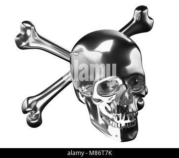 Silber Totenkopf mit gekreuzten Knochen oder Totenkopf auf Weiß 3D-Render 3 isolierte d Abbildung Stockfoto