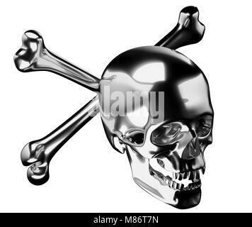 Silber Totenkopf mit gekreuzten Knochen oder Totenkopf auf Weiß 3D-Render 3 isolierte d Abbildung Stockfoto