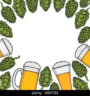 Bunte Bier Menü design Vorlage. Graviert Abbildung mit Hopfen und Bier Gläser. Brauerei frame-Konzept. Hand Vector Illustration für Bier r gezeichnet Stock Vektor