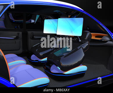 Elektrische Selbstfahrer SUV Car Interior Design. Vordersitze sind mit Monitoren ausgestattet. Konzept für neue Arbeitsweisen in der Auto. 3D-Bild Stockfoto