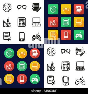 Geek All in One Symbole Schwarzweiß Farbe flaches Design Freehand eingestellt Stock Vektor