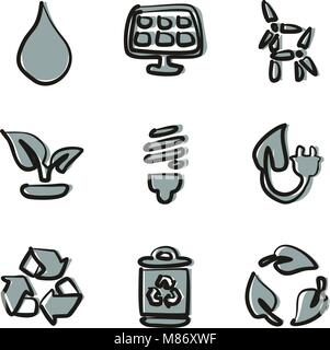 Grüne Energie Symbole Freehand 2 Farbe Stock Vektor