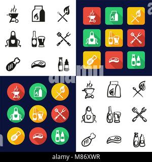 Grillen oder Barbecue in einem Symbole Schwarzweiß Farbe flaches Design Freehand eingestellt Stock Vektor