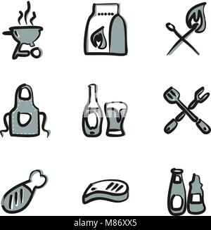 Grillen oder Barbecue Symbole Freehand 2 Farbe Stock Vektor