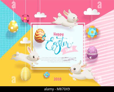 Frohe Ostern Verkauf Karte dekorierte Eier hängen an Streicher Zusammenfassung Hintergrund, lustige kleine Häschen, quadratischen Rahmen und Frohe Ostern hand Schrift. Vector Illustration für Urlaub Grußkarte Stock Vektor