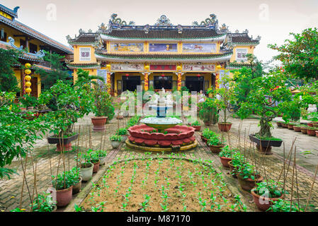 Hoi an Tempel Vietnam, Blick über einen Hofgarten in Richtung des Chua Phap Bao Tempels in Hoi an, Vietnam. Stockfoto