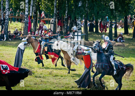 Lancer Knights kostenlos - fischerstechen an der 601th Jahrestag der Schlacht von Grunwald 1410. 4000 Reenactors, 1200 Ritter, in der Nähe von 20 Tausende von spectat Stockfoto