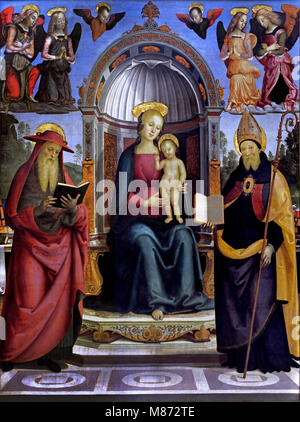 Jungfrau und Kind auf dem Thron zwischen St. Hieronymus, Augustinus, vier Engel und zwei Cherubim Pietro Perugino 1446/1452 - 1523 geboren Pietro Vannucci, italienische Renaissance Maler der Umbrischen Schule, Italien Stockfoto