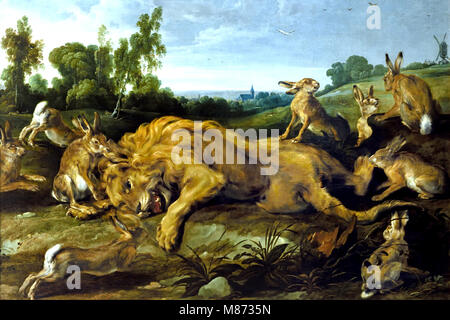 Den toten Löwen - Der Löwe werden alt und Frans Snyders (Antwerpen, 1579 - Antwerpen, 1657) Jan WILDENS (Antwerpen, 1584 - Antwerpen, 1653), der belgischen, der Belgien, Flämische, Stockfoto