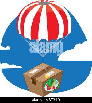 Ein Vektor cartoon mit einem Karton voller gesunder und frische Lebensmittel Landung mit dem Fallschirm-express Lieferung Konzept Stock Vektor
