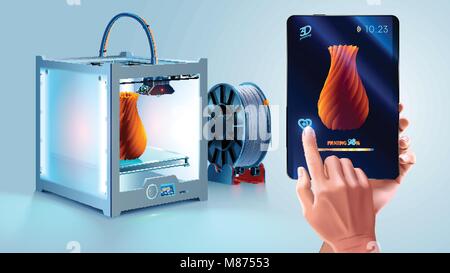 Weiß 3d Drucker mit Glühlampe Schieber. 3d-Drucker gedruckt Vase. Teekocher halten Tablet in der Hand. Mobile Interface mit 3-D-Modell. Tablet Fortschritte Prin Stock Vektor