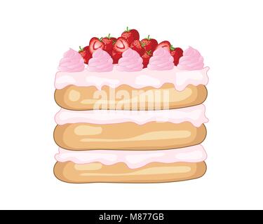 Ein Vektor Abbildung im EPS 10 Format einer geschichteten Erdbeertorte mit Dekorationen und frischem Obst auf weißem Hintergrund Stock Vektor