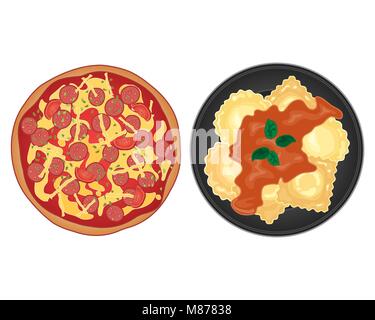 Ein Vektor Abbildung im EPS 10 Format von zwei Platten der italienischen beliebte Speisen wie Pizza und Ravioli mit Salami Tomatensoße und Basilikum Stock Vektor