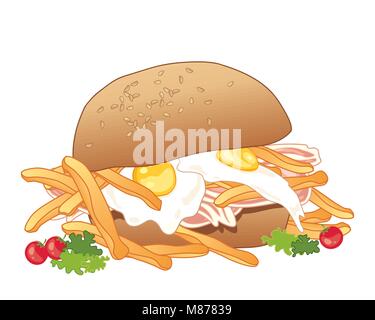 Ein Vektor Abbildung im EPS 10 Format einer unordentlichen sandwich Brötchen mit Eiern und Speck, Pommes Frites mit Tomate und Salat auf einem weißen Hintergrund Stock Vektor