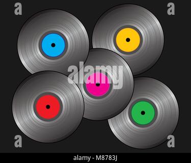 Ein Vektor Abbildung im EPS 10 Format von fünf im Stil der 80er Schallplatten mit bunten Etiketten auf einem schwarzen Hintergrund Stock Vektor