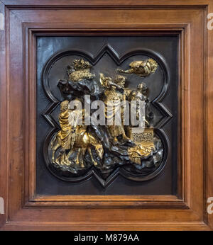 Florenz. Italien. Die Opferung Isaaks, 1401/02 von Lorenzo Ghiberti, Entlastung in vergoldeter Bronze, Museo Nazionale del Bargello. Bargello Nationalmuseum Stockfoto