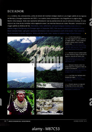 Der Bericht von 2002 konzentriert sich auf die Geographie und Ökosysteme Ecuadors, insbesondere die Regionen SerranÃ­as CofÃ¡n-Bermejo und Sinangoe. Sie hebt die Umweltbedingungen, die biologische Vielfalt und die indigenen Gemeinschaften in diesen Gebieten hervor. Stockfoto
