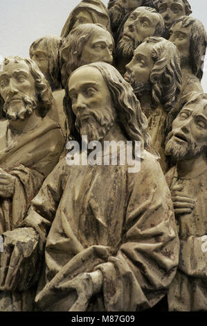 Die Ansammlung von St. Lazarus. Skulpturengruppe, Detail. Workshop von Heinrich Brabender, Westfalen, 1510-1520. Baumberg Sandstein mit Spuren der Polychromie. Schnütgen Museum. Köln, Deutschland. Stockfoto