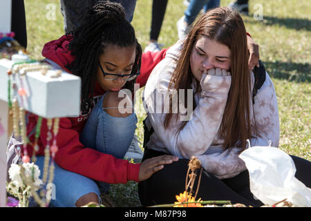 Studenten aus Marjory Stoneman Douglas High School Arbeitsniederlegung von Schule zu Ehren der 17 Opfer an der Schule vor einem Monat am Valentinstag getötet. Stockfoto