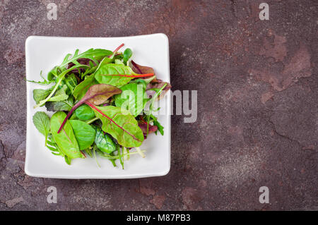 Frischer Salat mit Spinat, Rucola, Mangold, Salat. Gemischter Salat verlässt. Gesunde Ernährung und Diät Konzept. Platz kopieren Stockfoto