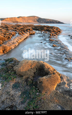 Wellen entlang der felsigen Küste von Dunraven Bay in der Nähe von Southerndown in South Wales, England Stockfoto