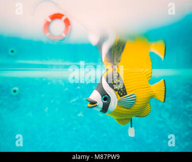 Retro wind up Clockwork gelbe Metall Zinn alte Mode Spielzeug Fisch unter Wasser im Schwimmbad unter Wasser mit dem Safety Ring und Haken an der Wand über Stockfoto