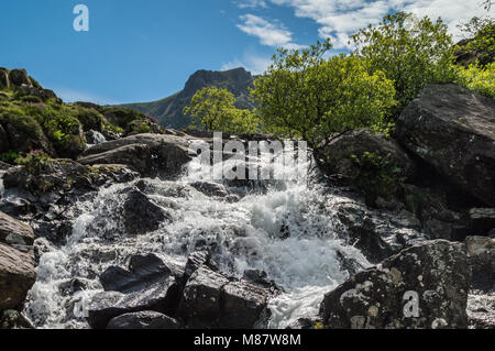 Von Llyn Idwal ein Wasserfall den Berg hinunter läuft bei Cwm Idwal in der Nant Ffrancon Tal. Stockfoto