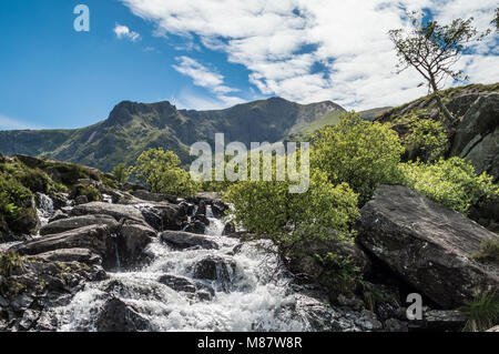 Von Llyn Idwal ein Wasserfall den Berg hinunter läuft bei Cwm Idwal in der Nant Ffrancon Tal. Stockfoto