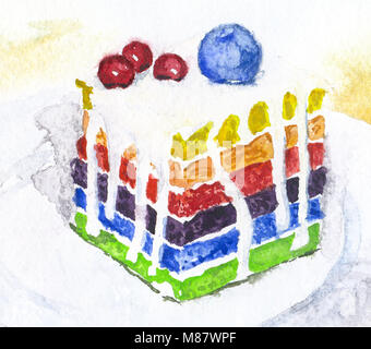 Hand gezeichnet Kuchen mit Beeren, Aquarell. bunten Regenbogen Illustration für Food Design. Stockfoto