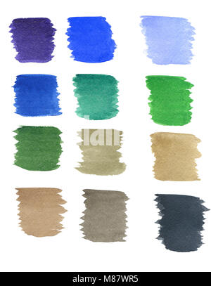 Verschiedene aquarell Flecken/Spritzer isoliert auf Weiss. Hand gezeichnet Abbildung. Palette. Stockfoto
