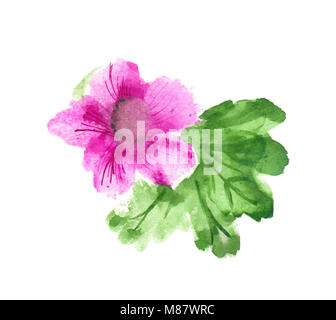 Rosa Hibiskus/сhinese Rose mit grünen Blättern. Aquarell, handgezeichnete Abbildung, isoliert auf Weiss. Stockfoto