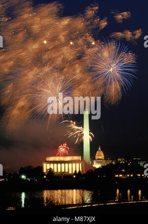 Washington DC., USA, Juli 4,1989 Feuerwerk über DC. Jährliche Anzeige auf die von der United States National Park Service. Wie aus der Virginia Seite des Potomac Fluss gesehen. Blick nach Osten am Lincoln Memorial und dem Washington Monument und dem US Capitol im Hintergrund. Credit: Mark Reinstein/MediaPunch Stockfoto
