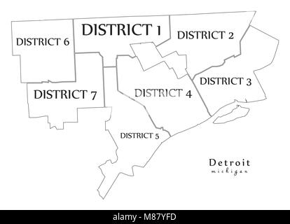 Moderne Stadtplan - Detroit Michigan Stadt der USA mit Bezirken und Titel Übersichtskarte Stock Vektor