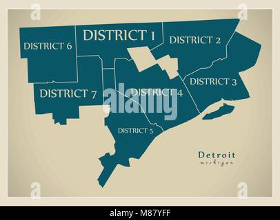 Moderne Stadtplan - Detroit Michigan Stadt der USA mit Bezirken und Titel Stock Vektor