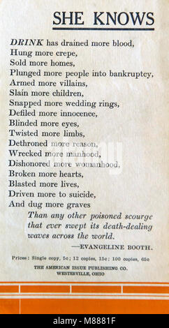 Westerville, Ohio, USA. 15 Mär, 2018. Die Anti-Saloon League Museum am Westerville Öffentliche Bibliothek beherbergt eine große Sammlung von Materialien im Zusammenhang mit der politischen Organisation, die durch Lobbyarbeit und das gedruckte Wort, einen moralischen Kreuzzug gegen die Herstellung, den Verkauf und den Konsum von Alkohol in die 18. Änderung wandte sich an den Vereinigten Staaten Constitition. Die Liga und seinen Verlag wwere in der Lage, die mässigung durch Tausende von Flyern, Broschüren, Lieder, Geschichten, Cartoons, Dramen, Zeitschriften und Zeitungen, die im selben Gebäude, dient jetzt zu fördern. Stockfoto