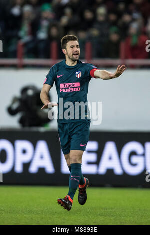 Moskau, Russland. 15 Mär, 2018. Atletico Madrid Gabi reagiert während der UEFA Europa League Runde 16 zweite Bein Fußball Match zwischen Atletico Madrid und Lokomotiv Moskva in Moskau, Russland, am 15. März 2018. Atletico Madrid gewann 5-1. Credit: Wu Zhuang/Xinhua/Alamy leben Nachrichten Stockfoto