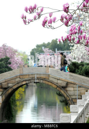 Suzhou in der chinesischen Provinz Jiangsu. 16 Mär, 2018. Menschen sehen Blumen entlang des Ganjiang Fluss in Suzhou in der ostchinesischen Provinz Jiangsu, 16. März 2018. Credit: Hang Xingwei/Xinhua/Alamy leben Nachrichten Stockfoto