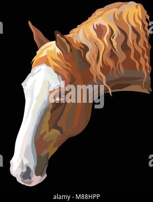 Farbige Portrait von Dunkel palomino Horse. Pferd Kopf mit langer Mähne im Profil isoliert Vector Illustration auf schwarzem Hintergrund Stock Vektor