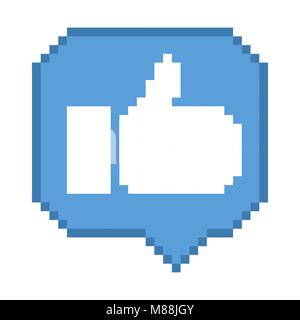 Vektor Pixel 8 bit blaue Kuppel mit weißem Daumen oben unterzeichnen. Soziale Netzwerke im Infobereich angezeigt. Stock Vektor