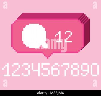 Vektor Pixel 8 bit pink 3D-Kuppel mit weißem Kommentar Zeichen und Ziffern. 0-9 Ziffern festgelegt. Soziale Netzwerke im Infobereich angezeigt. Stock Vektor