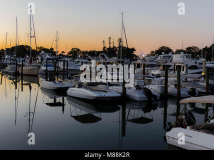 Am frühen Morgen Erfassen von Sarasota spring break Sonnenaufgang in der Mitte März 2018 im Marina Buchsen Piers. Stockfoto