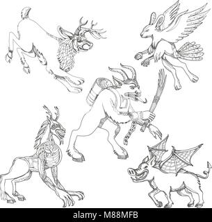 Eine Sammlung von Doodle kunst Illustrationen, umfasst die folgenden Fabelwesen aus Legende Folklore; Jackalope, krampus, skraver, wendigo. Stock Vektor