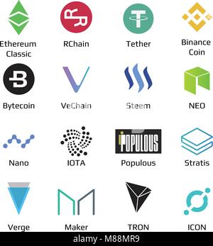 Große crypto Währung logo Münzen Bitcoin, Nem, Bindestrich, Litecoin, Monero, des Astraleums, Dash Restwelligkeit und andere Vector Illustration Stock Vektor