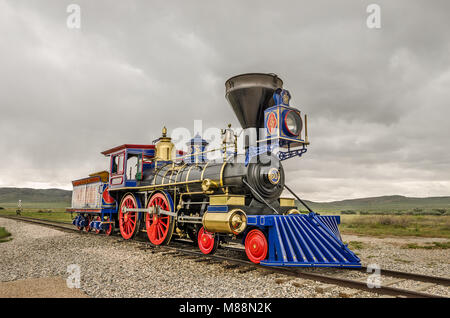 Nachbau der Dampflokomotive Jupiter im Golden Spike National Historic Site in Utah Stockfoto