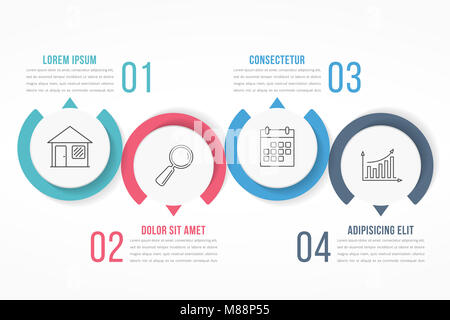 Process Diagram Template mit Kreisen, Flussdiagramm oder Workflow mit vier Elementen, Schritte und Optionen, business Infografiken, Vector EPS 10 Abbildung Stockfoto