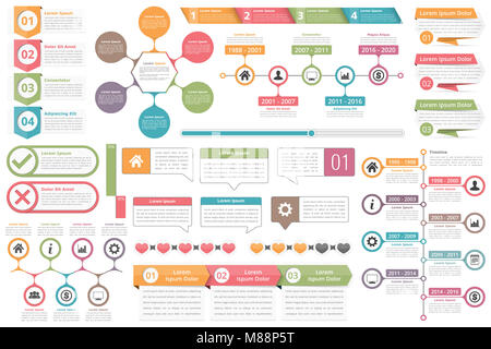 Infografik Elemente - Objekte mit den Nummern amd Text, timeline Infografiken, Prüfen und Kreuz Symbole, Kreisdiagramm, Sprechblasen, Prozess charts i Stockfoto